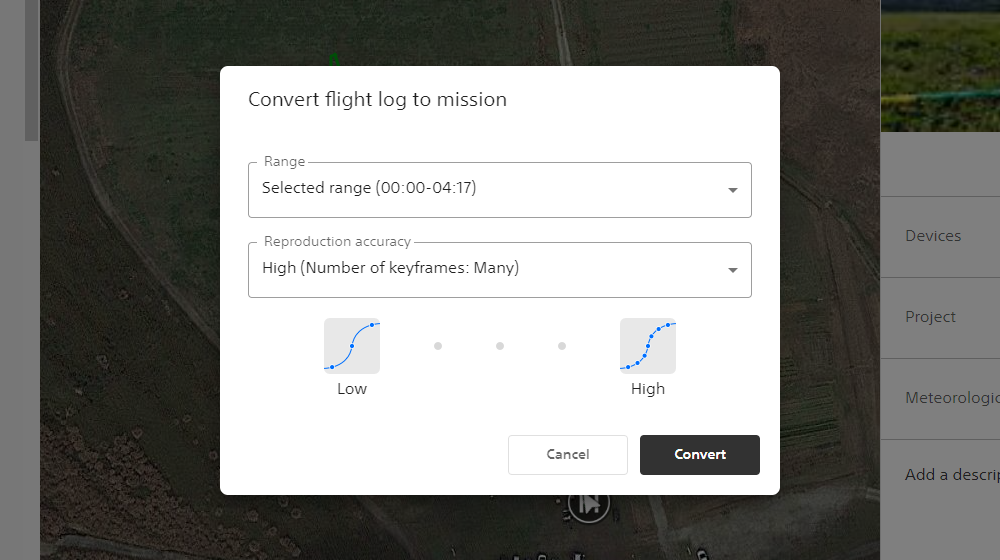 Dialog to convert a flight log