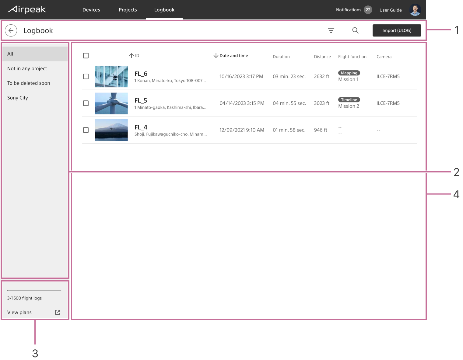 Flight logs list screen