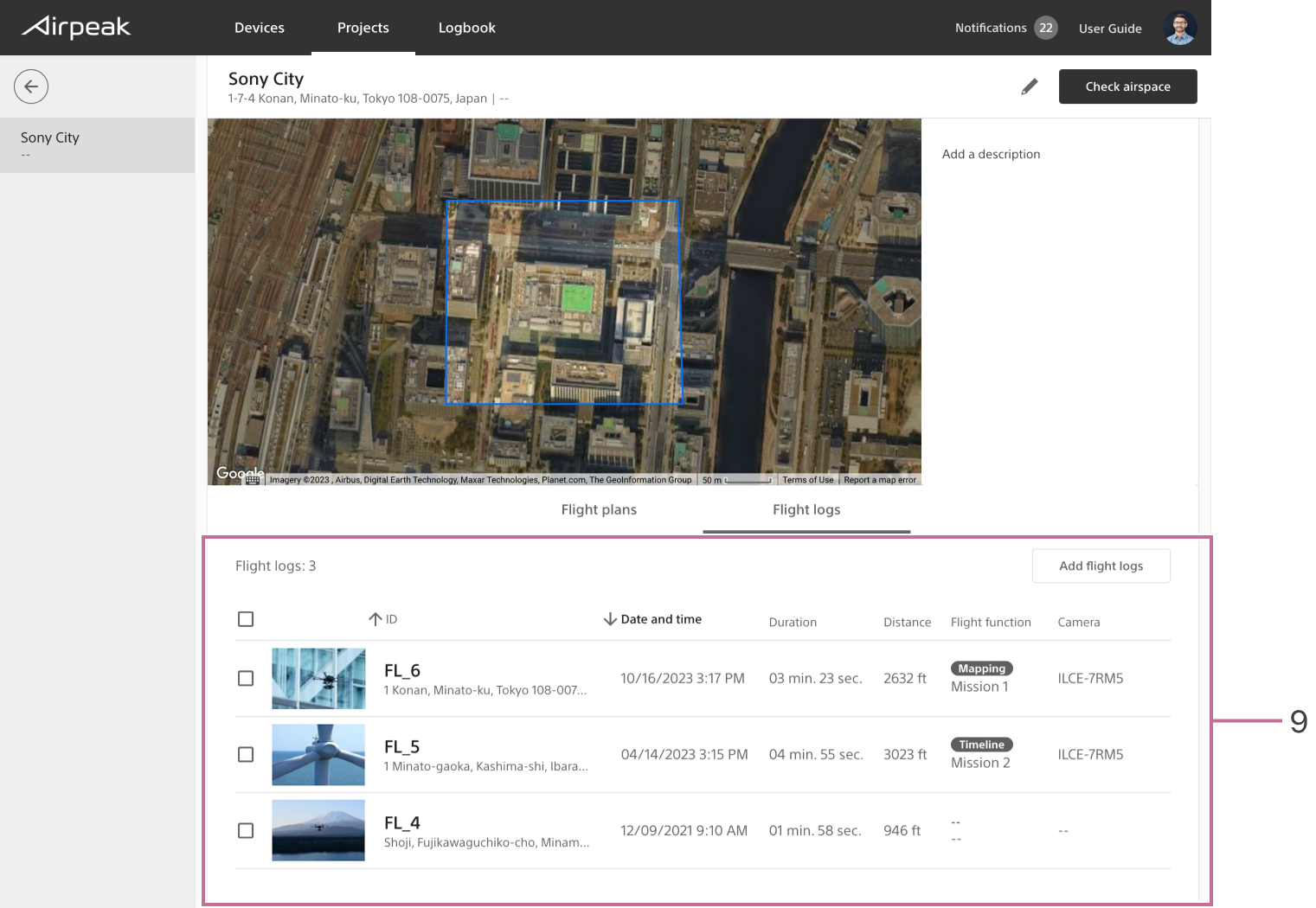 Project screen - Flight logs
